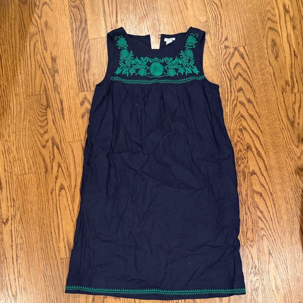 J Crew Navy Sleeveless Dress with Green Floral Embroidery